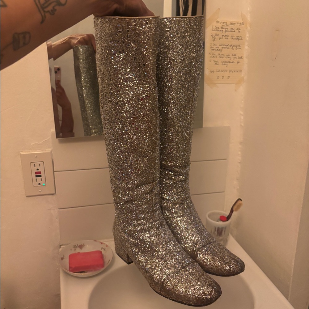 YSL GLITTER KNEE HIGH BOOTS